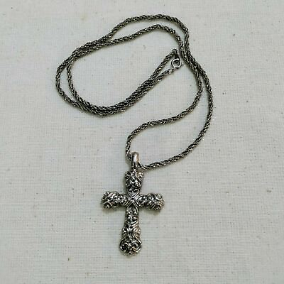 #ad Embossed Scroll Cross Pendant Nickel Silver Rope Twist Chain Necklace 22quot; Long $16.00
