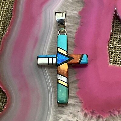 #ad Vintage Zuni Signed Sterling Silver Multi Inlay Cross Pendant Opal Turquoise 2” $64.99
