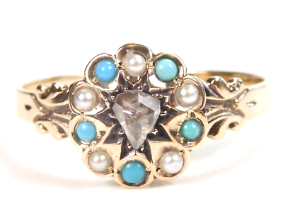 #ad Victorian Art Deco Diamond Engagement Pearl Turquoise 14KY Ring Size 11.75 UK X $995.00