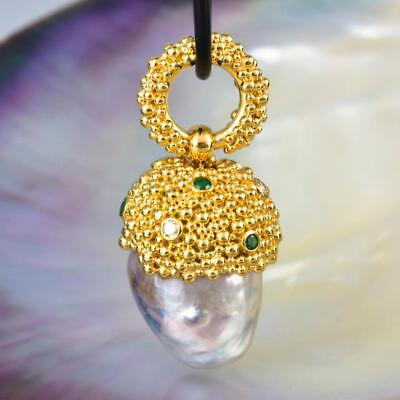 #ad Gigantic South Sea Pearl Pendant Gold Vermeil Sterling Diamond amp; Emerald 15.47g $429.00