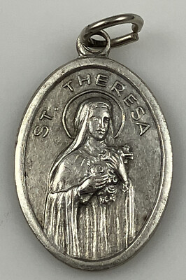 #ad Vintage Catholic Saint St Theresa Pray For Us Flower Silver Tone Medal Italy $9.99
