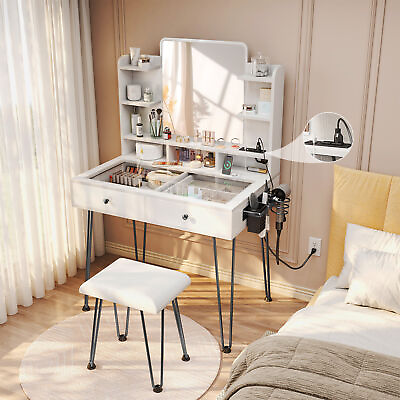 #ad TC HOMENY Makeup Vanity Dressing Table Desk Set with Mirror Stool Power Port $158.99
