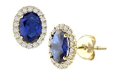 #ad 9ct Yellow Gold Blue Sapphire amp; Cz Oval Cluster Stud Earrings 10mm x 8mm GBP 99.95