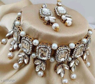 #ad Indian Bollywood Gold Plated Kundan Choker Bridal Necklace Pearl Jewelry Set $15.92