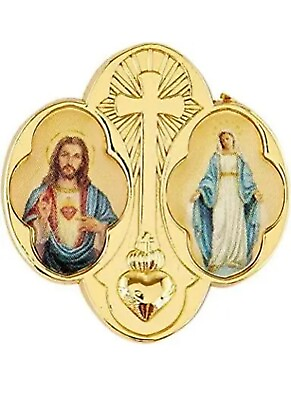 #ad Sacred Heart of Jesus amp; Miraculous Medal Gold Plated Religious Cross Lapel Pin $12.99