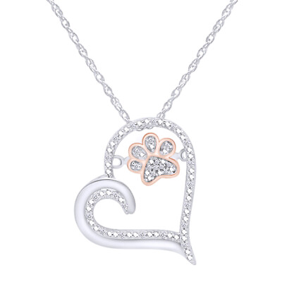 #ad 1 9ct Natural Round Diamond Paw Print Heart Pendant Necklace 925 Sterling Silver $134.91
