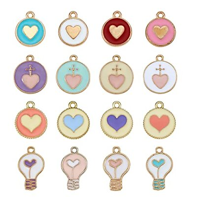 #ad 32 Pieces Round with Heart Enamel Charm Pendant Colorful Alloy Enamel Charm $18.92