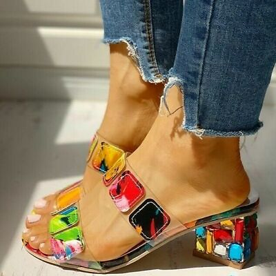 #ad Women Mid Square Heel Peep Toe Sandals Ladies Multi Colors Slip On Summer Shoes $30.24