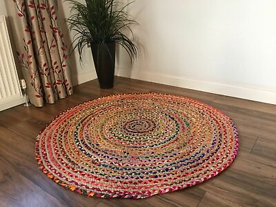 #ad Multi Color Round Braided Indian Handmade Cotton Jute Area Floor Rug Rags Carpet $39.99