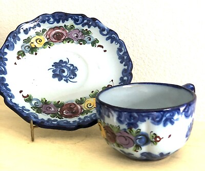 #ad Hand Painted Cup amp; Saucer Blue W Flowers Scalloped Edge $14.00