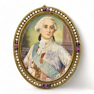 #ad Signed 19thC Miniature Portrait Painting King Louis XVI after Joseph Duplessis $595.00