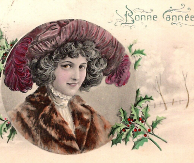 #ad New Year Postcard Pretty Young Woman Big Hat Bonne Annee Marque Depose Vienne SZ $8.49