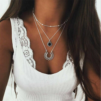 #ad Boho Multilayer Choker Pendant Necklace Crystal Hollow Lotus Chain Women Jewelry $6.76