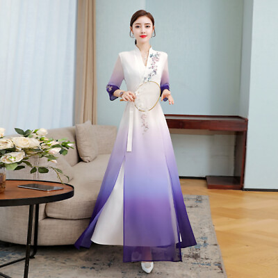 #ad Women Chiffon Cheongsam Dress Belted Floral Gradient Color Long Gown Elegant $38.53