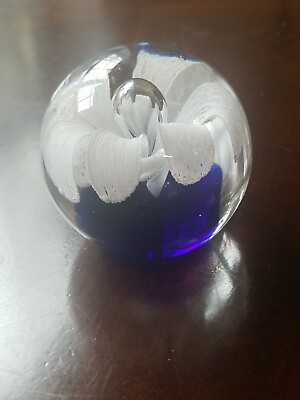 #ad White Cobalt Blue Round Glass Paperweight Hand Blown Gauze Lace Bubbles 3.5 inch $34.99