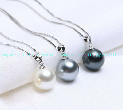 #ad 3pcs Beauty 14MM White Gray Black Round Shell Pearl 925 Silver Pendant Necklace $3.79