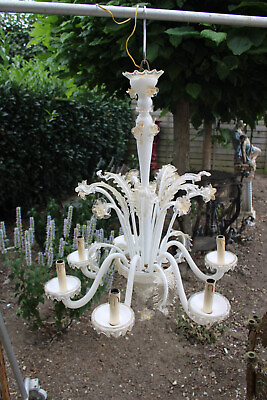#ad Murano hand blown glass 6 arms chandelier white gold accent 1970s $1137.50