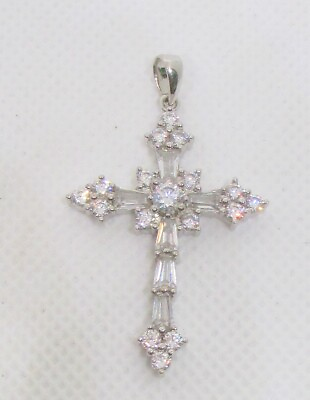 #ad 925 STERLING SILVER CUBIC ZIRCONIA CROSS PENDANT 44x26MM 3.6G $16.95