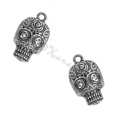 #ad Sugar Skull Charms 25mm Antiqued Silver Plated Pendants C5805 10 20 Or 50PCs $1.80