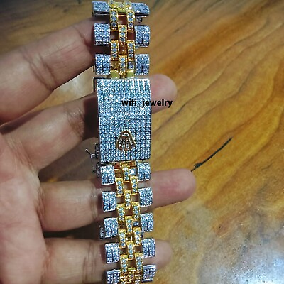 #ad 9 Ct Round Simulated Diamond Men#x27;s Link Bracelet 925 Silver Two Tone Gold Plated $365.72