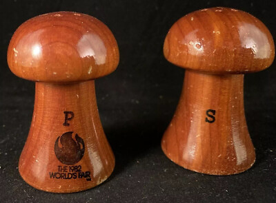 #ad 1982 Worlds Fair Knoxville TN Wooden Salt Pepper Shakers Set Mushroom Vintage $29.95