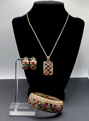 #ad 18K GP Rose Gold Check Fruity FauxGems Bangle Pendant Necklace Earring Sets J33 $48.99