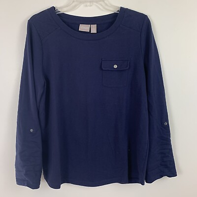 #ad Chicos Cotton Blend Long Tab Sleeve Top Navy Blue Size Medium 1 Chest Pocket $14.98