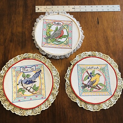 #ad Finished Cross Stitch Gold Finch Robin Blue Jay Birds Complete Round Wood 7.25quot; $19.99