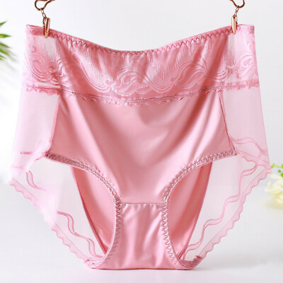 #ad Lady Knickers Soft Cosy Silk Satin Underwears High Faux Waist Splice Lace Briefs $12.44