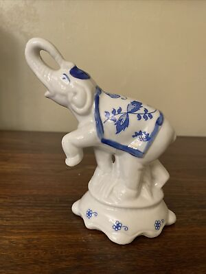 #ad Vintage Elephant Porcelain Figurine Statue Blue White Elephant $9.99