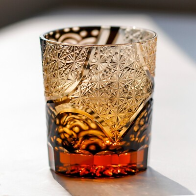 #ad Black Whiskey Glasses Edo Kiriko Hand Cut Crystal Overlay Glass Tumbler 9oz $62.98