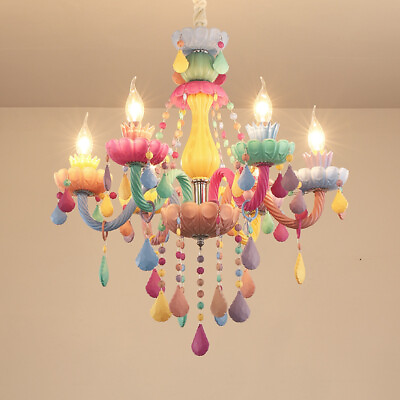 #ad Colorful 6 Light Chandelier Candle Pendant Light Crystal Children Bedroom Light $198.00