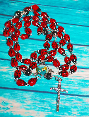 #ad Catholic Rosary Ceramic Ladybug 29quot; Centerpiece Lady of Grace Papal Crucifix $39.99