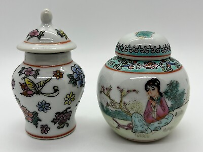#ad Chinese Vases with Lids Set of 2 Lady Butterfly Dragonfly Cricket Flowers $17.95
