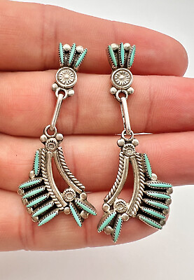 #ad Vintage Zuni Sterling Silver Needle Point Turquoise Dangle Earrings 2 1 8” $225.00
