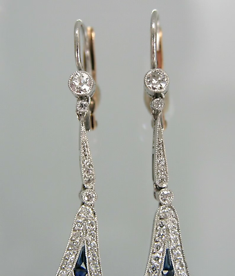 #ad Art Deco Lab Created Diamond Sapphire Drop Dangle Milgrain 925 Silver Earrings $169.00