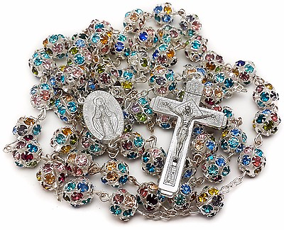 #ad Colorful Zircon Beads Silver Rosary Catholic Necklace Miraculous Medal Cross $15.97