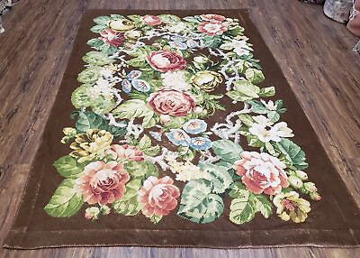 #ad Floral Needlepoint Rug Vintage Handmade Flat Weave Dark Brown Large Flowers 6x8 $899.50