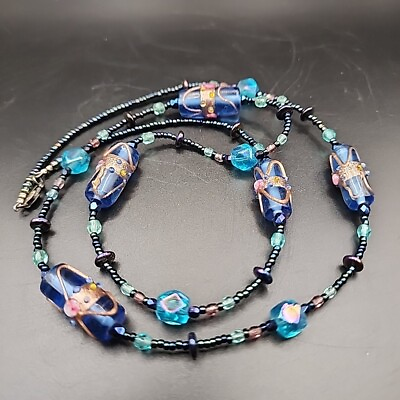 #ad Art Glass Necklace Lampwork Blue Gold Black Faceted Long Beads 29quot; $38.00