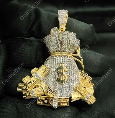 #ad mens Yellow Gold Plated Silver Money Bag Classic Pendant Round Simulated Diamond $237.49
