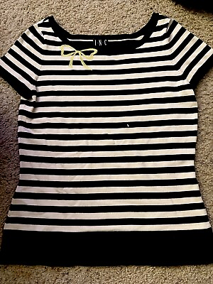 #ad INC BLACK AND WHITE STRIPE YELLOW RIBBON BOW EMBROIDERY LIGHT SWEATER SIZE M $10.00