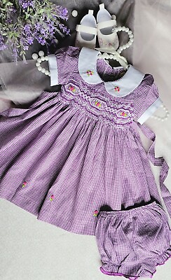 #ad Lilac Gingham Hand Smocked Embroidered Baby Girl Dress. Toddlers Easter Dress. $38.99