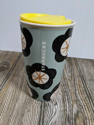 #ad Starbucks Happy Flowers Undated Ceramic Lidded Travel Mug 12oz. Yellow Lid $9.50