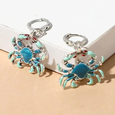 #ad Unique Enamel Crab Blue Dangle Earrings Silver Plated Jewelry Women Fashion Gift $12.98