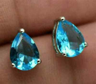 #ad 10x8mm Simulated Blue Topaz December Birthstone Stud 14K White Gold Plated $61.08