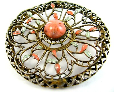 #ad Vintage Lacy Filigree amp; Enamel Brooch Pin Marbled Pink Cabochon Center $19.99