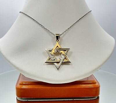 #ad 14K Shiny Yellow amp; Brushed White Gold Star of David Jewish Star Pendant 5 grams $550.00