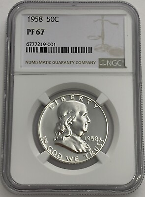 #ad 1958 NGC PF67 PROOF BEN FRANKLIN HALF DOLLAR 50c 90% SILVER WHITE COIN WHITE LBL $44.95