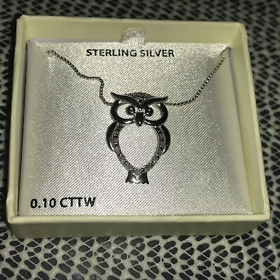 #ad Sterling Silver 1 10 Cttw Diamond Owl Pendant Necklace 18” $23.99