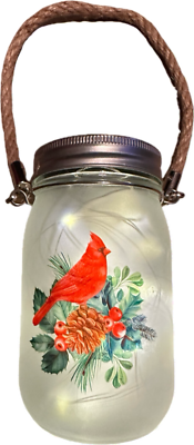 #ad Frosted Fairy Light Mason Jar With a Solar Lid and Featuring a Cardinal Design $14.36